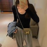 Shoulder Long-Sleeved T-Shirt A New Autumn Style Slim Knitted Bottomed Shirt With Solid Color Underwear-Outfit