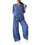 Fongt Fashion Women's Comfortable Loose Top Broad Leg Trousers Casual Cotton