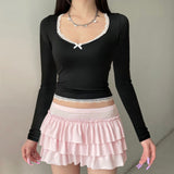 Girl Fresh And Pure Color T-Shirt Ins Trend Lace Lace Stitching Square Collar Summer Blouse-Outfit