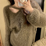 Fongt Fufu Soft Waxy Imitation Mink Wool Clothes Autumn Winter Gentle Lazy Wind V Collar Outside Wear A Loose Jacket-Outfit