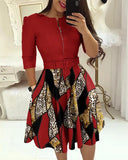 Fongt New Round-Neck Printing Belt Fashion Casual Commuter Dress