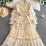 Fongt Retro Court Wind Hollow Lace Splicing Lantern Sleeve Collection Waist Single Buckle Print Dress 2025 Spring Dress