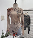 Vintage Tie-Dye-Print Net Yarn Jersey Long-Sleeved Top Irregularly T-Shirt With Thin Short T-Shirt