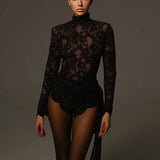 Sexy Pure Net Yarn Hollow Flowers Thin Jumpsuit Girl Body