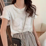 Embroidery Bow Oversized Short Sleeve Tee-Outfit