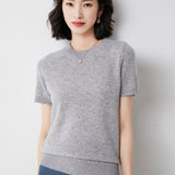 Fongt Female Round Collar Loose T-Shirt Inside Build Sweater Spring Autumn Base Outside Wear Short Sleeve Hair-Outfit