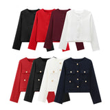 Fongt Women's Solid Color Coat 2025 Spring Commuter Leisure Buckle Dress Short Long-Sleeved Round-Neck Suit