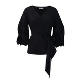Fongt New Summer Fashion Solid-Colored Bare Shoulder Cross Strap Bubble Sleeve Sexy V-Neck Shirt African Top