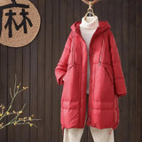New Chinese Down Jacket Female Long Style 2024 Winter New Hat Retro Art Over The Knee Loose Thick Plus Size Coat-Outfit