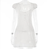 Square Collar Black Mini Dresses 2022 Summer Sexy High Waist Short Sleeve Beachwear Bodycon Hollow Out Sundress