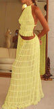 Halterneck Ruched Open Back Tie Up Top And Maxi Skirt Set-Outfit
