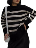 Fongt Autumn And Winter Women's Clothing Jacket Loose Round Collar Bump Color Knitted Striped Sweater Woman
