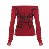 Fongt Personality Hottie Style Shoulder Dark Print T-Shirt Lace Side Long Sleeves To Dress Casual Blouse