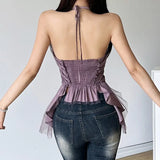 Fongt Summer New Women's Solid Color Sexy Hot Girl Hanging Neck High Bounce Pull Crop Vest Female-Outfit
