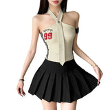 Fongt 2024 Summer Women's Tie Design Hanging Letter Print Slim Vest-Outfit