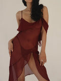 Women Y2K Ruffles Mini Dress Sexy Low Cut Slim Fit Mesh See Through Short Split Dress Summer Beach Female Vestidos-Outfit