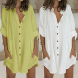 tops Ladies Fashion Turn-down Collar Loose Single Breasted Button Beach Office Casual Blouse Irregular Top Women's
