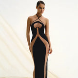 Fongt Autumn 2024 New Long Dress Temperament Hanging Neck Sling Body Hollow Sexy