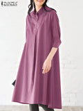Women Summer Lapel Neck Half Sleeve Shirt Dress Casual Work OL Solid Loose Sundress Knee-length Vestidos Robe