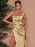 Off Shoulder Satin Dress Split High Waist Zipper Ruched Long Bodycon Dress Summer Birthday Party Elegant Black