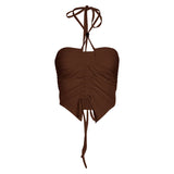 Fongt New 2024 Spring Women's Solid Color Sexy Strap Hanging Neck Pleated Slim Crop Small Vest-Outfit