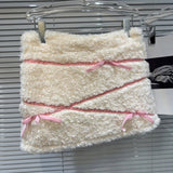 White Plush Faux Fur Pink Stripe Mini Skirt-Outfit