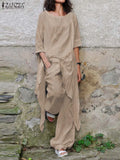 ZANZEA Fashion 2PCS Wide Leg Pants Sets Spring O-Neck Long Sleeve Blouse Suits Oversized Women's Tracksuit Casual Solid