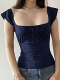 Fongt Hot Girl Style Tie With Short-Sleeved T-Shirt Design BM Style Slim Short Knitting Waist Top