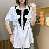 Streetwear Solid Color Patchwork Blouse Women's Clothing Casual Single-breasted Shirring Summer Commute Polo-Neck Shirt-Outfit