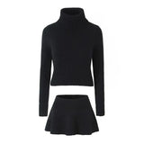 Knitted High Neck Long Sleeve Top And Mini Skirt Set-Outfit