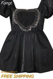 Lace Splicing Puff Sleeve Dress Women French Sweet Vintage Ball Gown Dress 2023 Summer High Waist Kawaii Lolita Dress