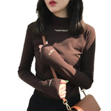 Fongt Spring 2024 Half Turtleneck Jacket Bottom Shirt Women's Letters Embroidered Slim Students Solid Color And Velvet Long Sleeve T-Shirt