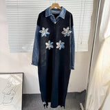 Fongt 2025 New Cowboy Splicing Knitted Two-Piece Collar Dress Flower Nails Decorated Long Dress Woman