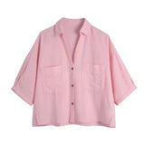 Women Fashion With Pockets Loose Cropped Blouses Vintage Short Sleeve Button-up Female Shirts Blusas Chic