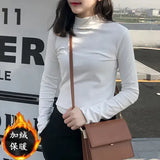 Fongt Spring 2024 Half Turtleneck Jacket Bottom Shirt Women's Letters Embroidered Slim Students Solid Color And Velvet Long Sleeve T-Shirt