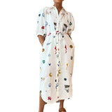 Fongt 2024 Women's New Printed Lapel Long Style Waist Lace Shirt