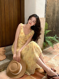 Fongt Xixi 2025 Summer New Korean Version Of High-Waisted Holiday Sling Dress V-Neck Print Pure Desire Skirt 88268