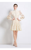 Fongt Elegant Bubble Sleeve Lace Splicing Mesh Dress Women's Court Collar Lantern Sleeve A-Word Skirt