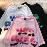 Street Kawaii Pink Flock Embroidery T Shirts Women Girls Summer Cotton O-neck Tops Large Size 2XL Harajuku Hip Hop