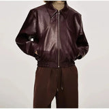 Burgundy Pu Leather Zipper Biker Jacket-Outfit
