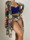 Fongt New Sexy Bikini Mesh Three-Piece Set Gathered Print Split Swimsuit