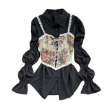 Tingfeng Exquisite Jacquard Strap Irregular Sling Vest Wearing Medium-Long Horn Sleeve White Shirt In Spring-Outfit