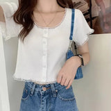 Fongt Salt Gentle Lace Short-Sleeved T-Shirt Knit New Comfortable Small High-Waist Short