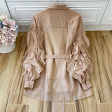 Elegant Patchwork Ruffle Shirt For Women Lapel Long Sleeve Lace Up Bowknot Casual Blouse Female Fashion New