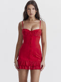 Red Lace Patchwork Buttoned Mini Dress-Outfit