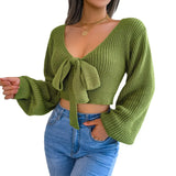 Wind Shooting Autumn And Winter Fashion Bow V Leader Lantern Sleeve Open Umbilly Sweater Women's