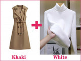 Trench Vests Coats 2 Piece Sets Women Casual Double Breasted Gabardina Sleeveless Jackets Turtleneck Winter Thicken