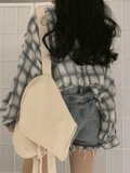 Checkered Puff Sleeve Button Blouse-Outfit