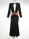 High-End Women's New Sexy Deep V Bareback Splicing Bag Long-Sleeved Dress High-End Temperament