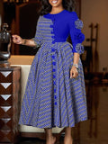 Fongt Women's New Fashion Elegant Round Neck Seven-Sleeve Print Spliced African Dress